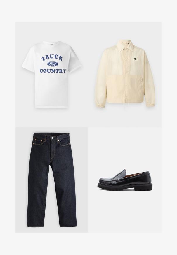 Chaqueta beige con botones, cuello, puños elásticos, bolsillos laterales, dobladillo con cordón y pequeño logo negro de pájaro en el pecho izquierdo.; Camiseta de algodón blanca con texto impreso en azul "TRUCK COUNTRY" y un logo ovalado en azul de "Ford" en el centro. Mangas cortas y cuello redondo.; Jeans de denim azul oscuro con corte recto, cinco bolsillos, costuras en naranja contrastante y cierre de botón. Sin patrones ni adornos visibles.; Mocasines de penny de cuero negro con suela de goma gruesa y costura tipo moc, presentados de perfil sobre un fondo blanco.