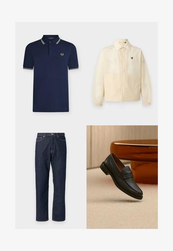 Veste beige à boutons avec col, poignets élastiques, poches latérales, ourlet à cordon et petit logo noir d'oiseau sur la poitrine gauche.; Polo bleu marine à manches courtes avec patte à deux boutons, col et poignets rayés, et petit logo laurier jaune sur la poitrine.; Jean en denim bleu foncé avec une coupe droite. Comprend une fermeture à bouton et à fermeture éclair, cinq poches et des détails de surpiqure contrastants.; Mocassin homme en cuir noir avec une bande sur le dessus, présenté sur un tapis beige près d'une table ronde moderne marron.