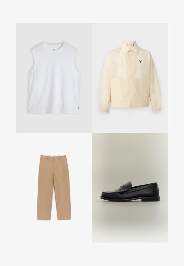 Veste beige à boutons avec col, poignets élastiques, poches latérales, ourlet à cordon et petit logo noir d'oiseau sur la poitrine gauche.; T-shirt blanc sans manches à col rond avec une petite étiquette logo Levi's sur la couture latérale, présenté sur un fond clair uni.; Pantalon beige à jambes larges avec une texture lisse, taille mi-haute, passants pour ceinture et deux poches avant. Détails de couture soignés et sans motifs.; Mocassin noir en cuir à enfiler avec petit talon, boucle dorée et nom de marque embossé sur le côté sur fond neutre.