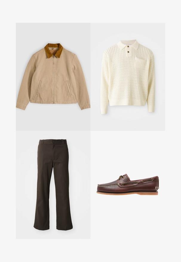 Veste en coton beige avec un col en velours côtelé marron, fermeture zippée à l'avant et deux poches latérales. Texture lisse avec des détails de couture visibles.; Pull en tricot couleur crème clair avec un motif texturé, patte de boutonnage à deux boutons et poche poitrine. Il possède des poignets et un ourlet côtelés.; Pantalons marron évasés avec une texture lisse, dotés d'une fermeture à bouton à l'avant et de poches sur les côtés. Design simple et droit.; Chaussure bateau en cuir marron avec coutures blanches, détails de lacets et semelle en caoutchouc beige, vue de côté sur fond blanc.