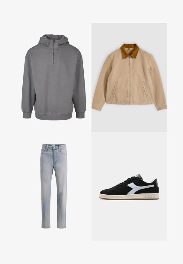 Veste en coton beige avec un col en velours côtelé marron, fermeture zippée à l'avant et deux poches latérales. Texture lisse avec des détails de couture visibles.; Sweat-shirt à capuche gris avec une fermeture éclair demi-longueur à l'avant, manches longues, poignets côtelés et un tissu doux et texturé. Design simple sans motifs.; Jean bleu clair taille haute à jambe droite, avec bouton et fermeture éclair à l'avant, passants pour ceinture et style cinq poches.; Baskets de sport noires avec une bande diagonale blanche, en tissu texturé, à bout rond et semelle en caoutchouc. Présente un logo sur la languette et sur le côté.