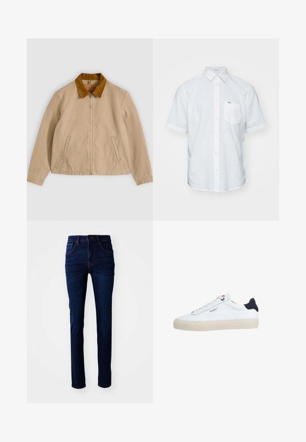 Beige katoenen jas met een bruine corduroy kraag, ritssluiting aan de voorkant en twee zijzakken. Gladde textuur met zichtbare stikdetails.; Witte korte mouwen shirt van linnen, met een button-down kraag, een borstzak en subtiele stikaccenten.; Donkerblauwe denim jeans met een rechte snit, vijf-pocketontwerp en subtiele stiksels. De stof heeft een soepele textuur.; Witte lage sneaker met een beige zool, witte veters, zwarte hielstrook en het logo "Pepe Jeans London" aan de zijkant.