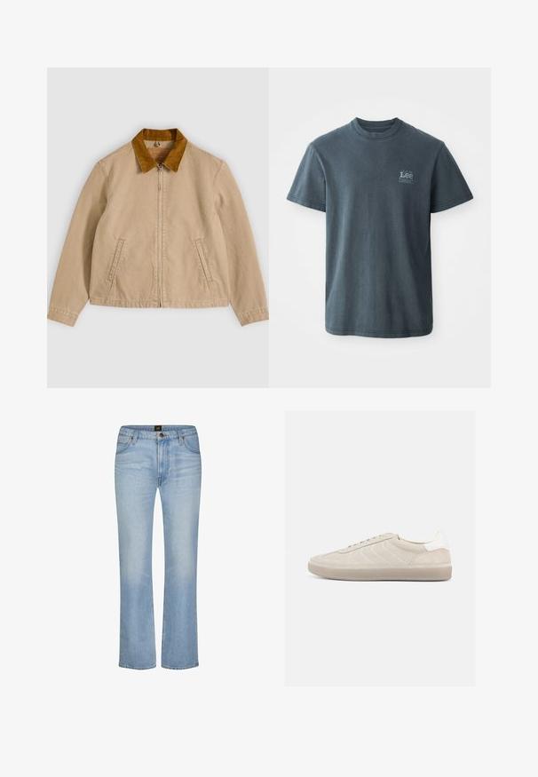 Beige katoenen jas met een bruine corduroy kraag, ritssluiting aan de voorkant en twee zijzakken. Gladde textuur met zichtbare stikdetails.; Donkergrijze katoenen T-shirt met ronde hals, korte mouwen en een klein bedrukt logo aan de linkerkant. Klassieke pasvorm met rechte zoom.; Lichtblauwe rechte spijkerbroek met voorzakken, riemlussen, ritssluiting en een merkknopsluiting in de taille.; Beige suède sneaker met een gestructureerd bovenwerk, een gladde witte hielkap, dunne veters en een rubberen buitenzool. Heeft een slank, laag profiel.