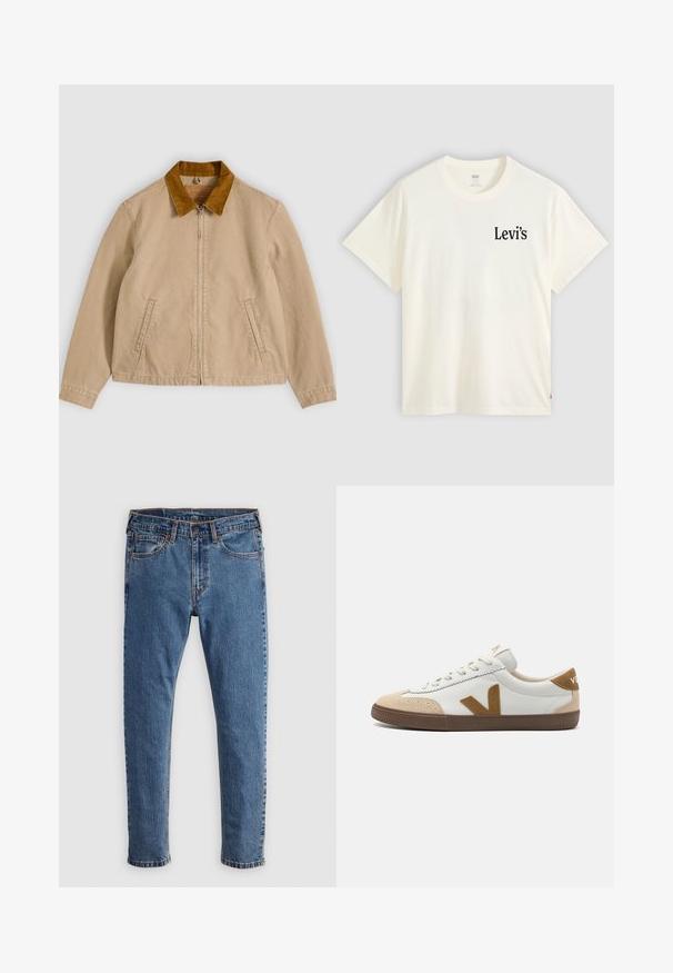 Chaqueta de algodón beige con cuello de pana marrón, cierre frontal con cremallera y dos bolsillos laterales. Textura lisa con detalles visibles de costuras.; Camiseta blanca de manga corta con cuello redondo y pequeño logo negro de Levi's en el lado izquierdo del pecho sobre un fondo liso.; Jeans de mezclilla azul con corte recto, cinco bolsillos, costuras naranjas y un cierre clásico de botón y cremallera. Textura desgastada a lo largo de las piernas.; Zapatillas blancas con acentos de gamuza color marrón, con una suela de goma texturizada en marrón, cierre de cordones y un logo en el talón.