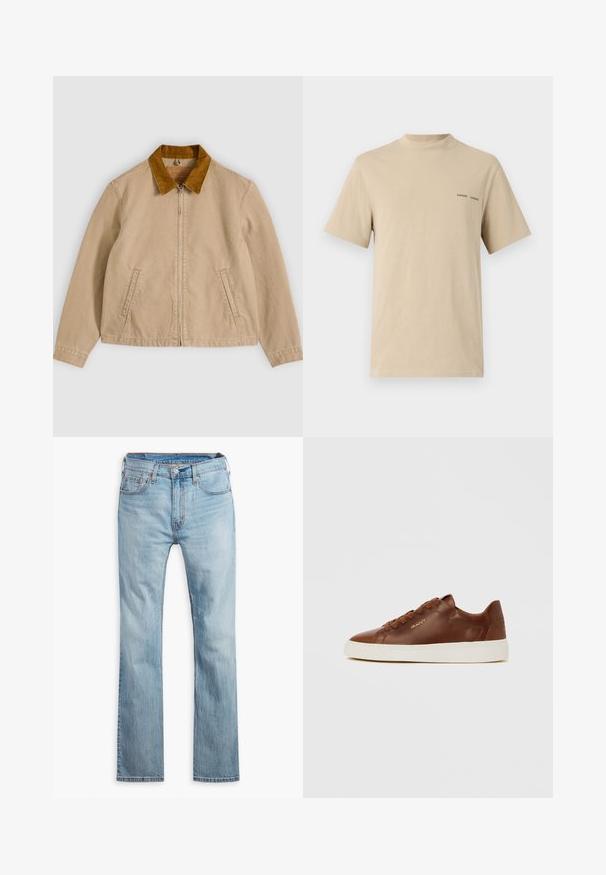 Beige Baumwolljacke mit braunem Cordkragen, Reißverschluss vorne und zwei Seitentaschen. Glatte Textur mit sichtbaren Nahtdetails.; Beige Baumwoll-T-Shirt mit rundem Ausschnitt und kurzen Ärmeln. Mit dezentem schwarzen "SAMSOE"-Textlogo auf der Brust.; Hellblaue Jeans aus Denim, mit geradem Bein, fünf Taschen, kontrastierenden Nähten und einem Knopfverschluss am Bund.; Brauner Sneaker aus Leder im Low-Top-Stil mit Schnürung vorne, weißer Gummisohle und goldenem "GANT"-Logo an der Seite.