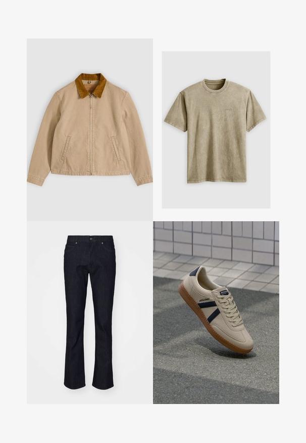 Beige bomuldsjakke med en brun kordfløjlsflip, frontlynlås og to sidelommer. Glat tekstur med synlige syningsdetaljer.; Lysbrun, kortærmet t-shirt med rund hals, lavet af blødt stof. Har et lille, broderet logo på brystet.; Mørk denim jeans med lige ben-design, der har en klassisk fire-lomme stil og diskrete syninger. Metalknap og nitter inkluderet.; Beige sneaker med struktureret overflade, marineblå striber og gummisål. Har en polstret tunge og traditionelt snørresystem for en sikker pasform.