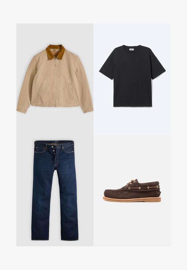 Beige bomuldsjakke med en brun kordfløjlsflip, frontlynlås og to sidelommer. Glat tekstur med synlige syningsdetaljer.; Sort T-shirt med korte ærmer og rund hals med afslappet pasform, forfra, ensfarvet design og synligt Weekday-mærke inde i kraven.; Mørkeblå denimjeans med lige ben, fem lommer og gyldne syninger. Har knaplukning og kobbernitter. Glat tekstur.; Brune ruskinds bådsko med læderlisser, guldfarvede øjer, syet moc toe og lysebrun gummisål på hvid baggrund.