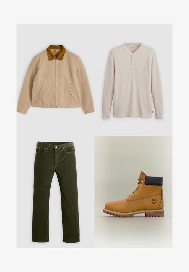 Beige katoenen jas met een bruine corduroy kraag, ritssluiting aan de voorkant en twee zijzakken. Gladde textuur met zichtbare stikdetails.; Lange mouwen henley-shirt in lichtbeige ribbelstof, met een V-hals, een drieknoopsluiting en manchetten. Rode logo-label aan de onderkant.; Olijfgroene corduroy rechte pijpen broek met voorknop, ritssluiting, riemlussen en vijf-vakken ontwerp op een witte achtergrond.; Bruine leren enkellaars met zwarte kraag, gele veters en een zandkleurige zool. Voorzien van een logo en witte stikseldetails. Robuuste loopzool met grip.