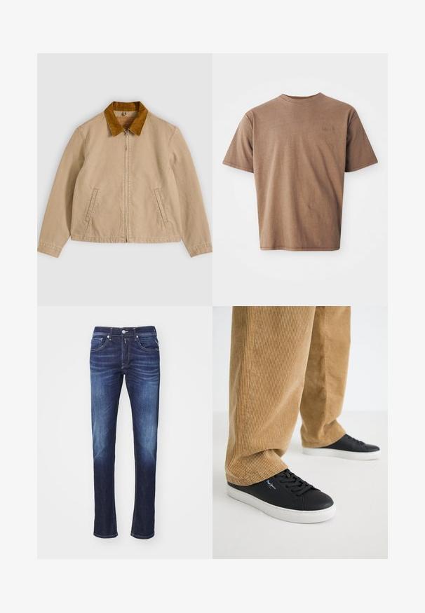 Beige bomuldsjakke med en brun kordfløjlsflip, frontlynlås og to sidelommer. Glat tekstur med synlige syningsdetaljer.; Brun bomulds t-shirt med rund hals, korte ærmer og et diskret broderet logo på venstre brystområde. Glat tekstur, afslappet pasform.; Mørkeblå denimjeans med lige ben, der har fem lommer, knaplukning og diskret blegeteffekt langs lårene.; Sorte lædersneakers med hvide gummisåler. Båret med tanfarvede corduroybukser med vertikale ribber og en afslappet pasform.