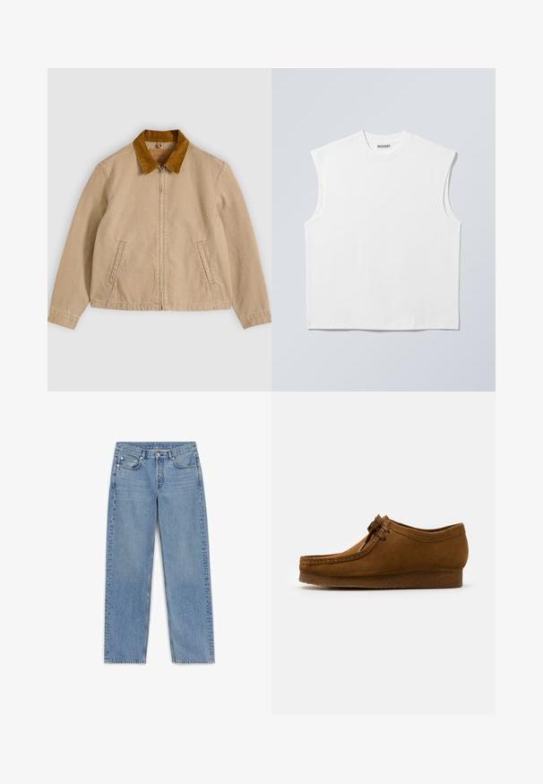 Beige katoenen jas met een bruine corduroy kraag, ritssluiting aan de voorkant en twee zijzakken. Gladde textuur met zichtbare stikdetails.; Wit mouwloos katoenen top met ronde hals en gestructureerde schouders, met het merk "WEEKDAY" op het label in de kraag, afgebeeld op een lichtgrijze achtergrond.; Lichtblauwe denim jeans met een rechte snit, vijf zakken en subtiele vervaging. Voorzien van een knopenfly en stikdetails langs de naden.; Bruine suède schoen met een ronde neus en een lage hak, gedetailleerde stiksels langs de naden en een vetersluiting aan de voorkant. Zachte textuur met een gestroomlijnd ontwerp.