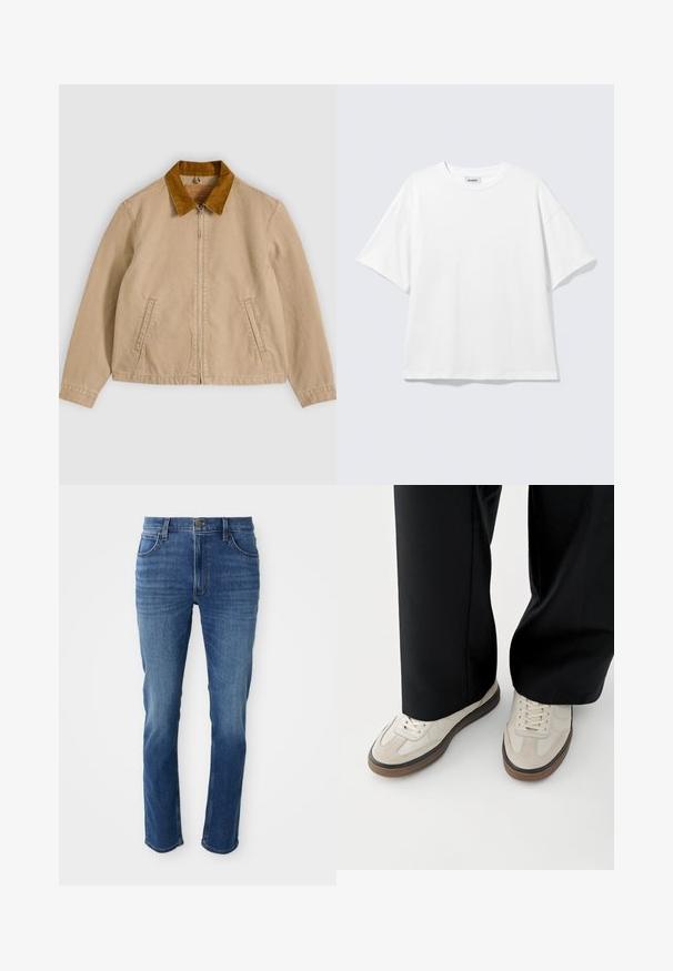 Beige katoenen jas met een bruine corduroy kraag, ritssluiting aan de voorkant en twee zijzakken. Gladde textuur met zichtbare stikdetails.; Witte oversized T-shirt met korte mouwen, ronde hals en verlaagde schouders, plat op een lichtgrijze achtergrond.; Blauwe spijkerbroek met een rechte snit, vijf zakken en een rits. Heeft subtiele vervaging en contraststiksels langs de naden.; Voeten met beige sneakers met bruine zolen en zwarte wijde broekspijpen op een witte achtergrond.