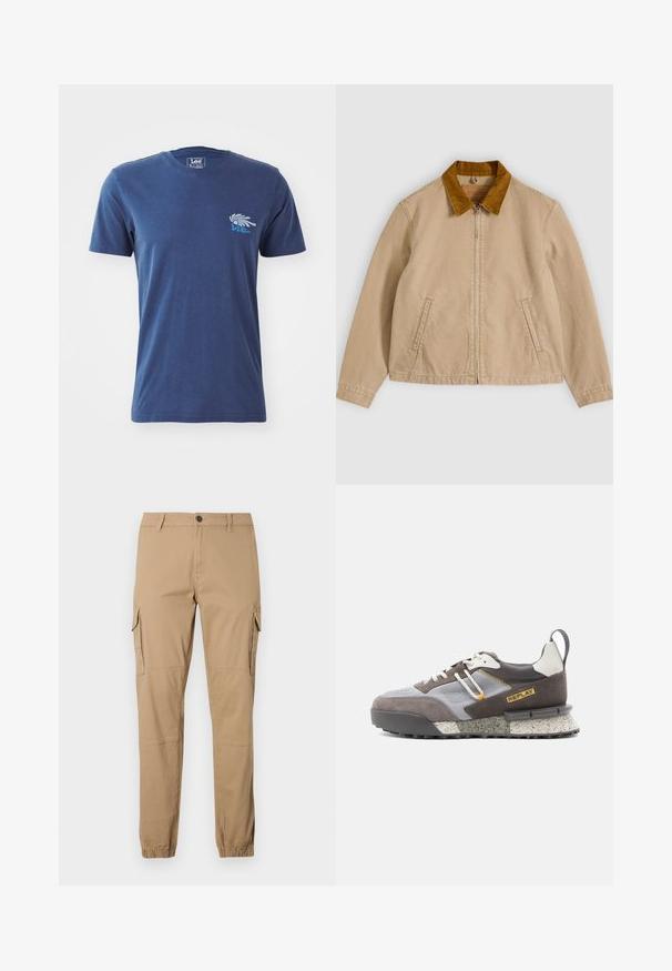 Beige katoenen jas met een bruine corduroy kraag, ritssluiting aan de voorkant en twee zijzakken. Gladde textuur met zichtbare stikdetails.; Navyblauwe katoenen T-shirt met korte mouwen, ronde halslijn en een grafisch ontwerp van een hand met tekst op de linkerborst.; Beige cargobroek gemaakt van een katoenmix, met zijzakken, taps toelopende pijpen, elastische boorden en een knoopsluiting in de taille.; Sneakers met een grijze mesh bovenkant, bruine suède accenten, een gemarmerde tussenzool en een zwarte rubberen buitenzool. Voorzien van een geel "REPLAY"-logo.