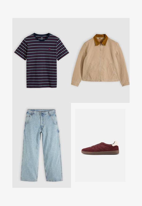 Veste en coton beige avec un col en velours côtelé marron, fermeture zippée à l'avant et deux poches latérales. Texture lisse avec des détails de couture visibles.; T-shirt bleu marine à manches courtes avec des rayures horizontales blanches et rouges ainsi qu'un petit logo Levi's rouge sur la poitrine.; Jean denim droit bleu clair avec poches avant, passants de ceinture, fermeture par boutons et une boucle latérale pour outils.; Baskets en daim bordeaux avec fermeture à lacets, détails texturés sur les côtés et accent de talon clair. Semelle en gomme avec une finition lisse.