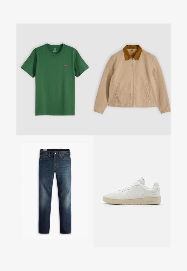 Beige bomuldsjakke med en brun kordfløjlsflip, frontlynlås og to sidelommer. Glat tekstur med synlige syningsdetaljer.; Grøn bomulds t-shirt med rund hals, korte ærmer og et lille rødt Levi's-logo på venstre bryst. Blød tekstur, standard pasform.; Mørkeblå denim jeans med lige ben-design, fem lommer og kobberdetaljer. Falmede områder på benene giver teksturkontrast.; Hvide lædersneakers med struktureret overflade og polstret krave. Har en beige gummisål og diskret branding på hælen og siden.