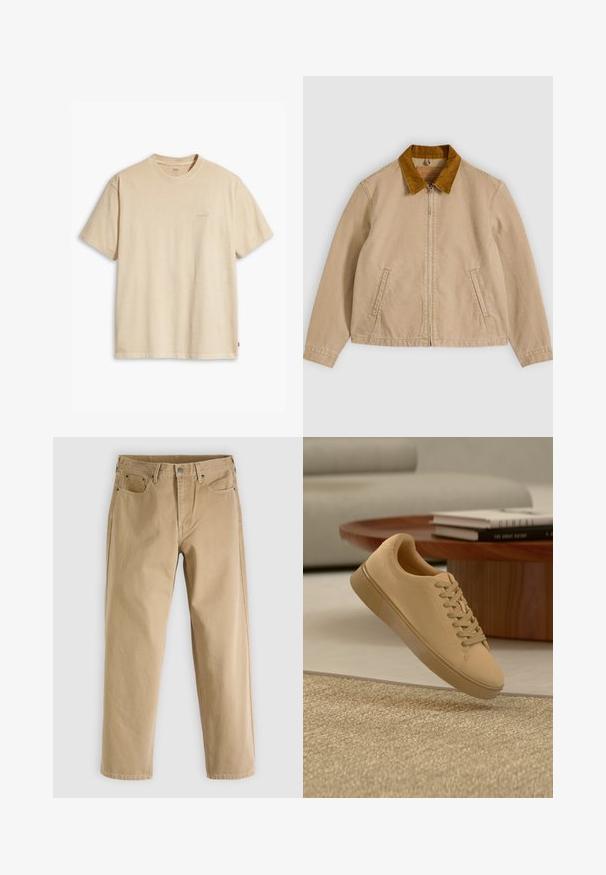 Beige Baumwolljacke mit braunem Cordkragen, Reißverschluss vorne und zwei Seitentaschen. Glatte Textur mit sichtbaren Nahtdetails.; Beige Baumwoll-T-Shirt mit Rundhalsausschnitt und kurzen Ärmeln. Verfügt über ein dezentes "Levi's"-Logo in der gleichen Farbe auf der Brust. Weiche Textur.; Beige Baumwollhosen mit geradem Bein, Fünf-Taschen-Stil, dezenten Nähten und Metallknopf vorne.; Beiger geschnürter Sneaker, der über einem strukturierten Teppich mit Holzcouchtisch und gestapelten Büchern im verschwommenen Hintergrund schwebt.