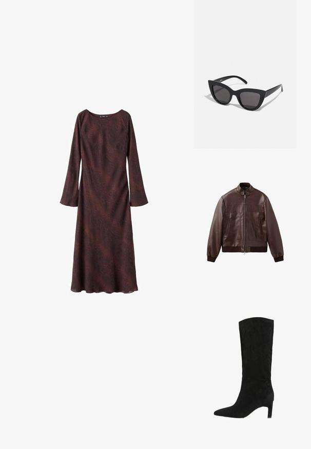 Veste aviateur en cuir marron foncé avec poignets et ourlet côtelés, fermeture éclair frontale et deux poches verticales zippées.; Robe à manches longues en bordeaux foncé avec un motif abstrait subtil. Tissu doux et léger avec une coupe décontractée et un décolleté arrondi.; Botte noire en suédine arrivant au genou, avec un bout pointu et un petit talon. Texture lisse sans embellissements ni motifs visibles.; Lunettes de soleil noires en forme d'œil de chat avec une finition mate, dotées de verres teintés gris, d'angles aigus et de branches élégantes. Nom de la marque visible sur la branche intérieure.