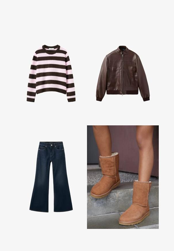Veste aviateur en cuir marron foncé avec poignets et ourlet côtelés, fermeture éclair frontale et deux poches verticales zippées.; Pull en tricot rayé marron et rose avec un col rond et des manches longues, présentant un design court et une texture douce.; Jean évasé en denim bleu foncé avec une taille haute, un design à cinq poches et des surpiqûres contrastées. Texture lisse avec une ouverture large au niveau des jambes.; Bottines en suede marron, à bout rond, avec une doublure douce et une semelle en caoutchouc, présentant des détails de couture visibles le long des coutures.