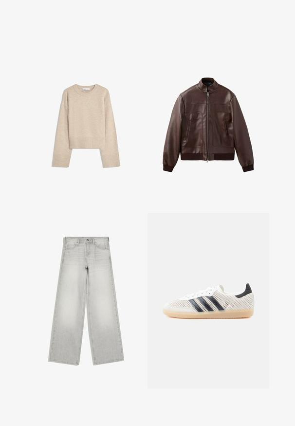 Veste aviateur en cuir marron foncé avec poignets et ourlet côtelés, fermeture éclair frontale et deux poches verticales zippées.; Pull en beige court en tricot doux. Présente un col rond, des manches longues et des bords-côtes aux poignets et à l'ourlet pour une texture supplémentaire.; Jean gris clair à jambes larges avec fermeture par bouton et zip, poches avant, et passants de ceinture, présenté à plat sur fond blanc.; Baskets en maille blanche avec un design à trois bandes noires, bout arrondi et semelle en caoutchouc gomme. Dotées d'un col de talon souple et d'une fermeture à lacets.