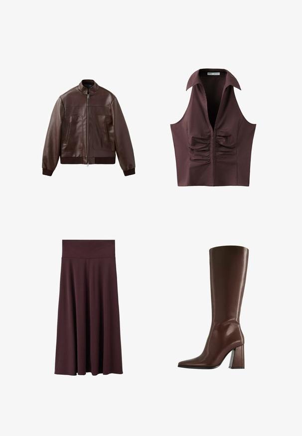 Veste aviateur en cuir marron foncé avec poignets et ourlet côtelés, fermeture éclair frontale et deux poches verticales zippées.; Blouse sans manches marron foncé avec un décolleté en V profond, un large col et un détail froncé au centre devant.; Jupe midi bordeaux en tissu doux avec une large ceinture élastique. Présente une coupe fluide qui se resserre légèrement vers l'ourlet.; Botte en cuir marron montant jusqu'au genou, avec bout pointu et talon épais de hauteur moyenne, vue de profil sur fond blanc.