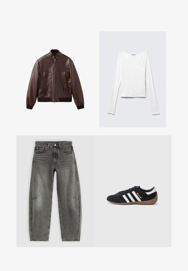 Cazadora bomber de cuero marrón oscuro con puños y dobladillo acanalados, cierre frontal con cremallera y dos bolsillos verticales con cremallera.; Top blanco de manga larga con diseño cruzado y un bolsillo. Fabricado en una tela suave y elástica. Con un corte casual y relajado.; Jeans de mezclilla gris deslavado de cintura alta con cinco bolsillos, cierre de botón y un corte recto relajado.; Zapatilla de ante negra con tres rayas blancas, suela de goma y un pequeño logo dorado en el lateral. Cuenta con un forro interior negro liso.