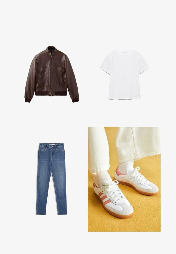 Donkere bruine leren bomberjack met geribbelde boorden en zoom, ritssluiting aan de voorkant en twee verticale zakken met rits.; Effen wit T-shirt met korte mouwen en ronde hals, met een rechte zoom, gepresenteerd tegen een witte achtergrond.; Blauwe denim jeans met een hoge taille, slim fit, zijzakken, een ritssluiting en contrasterende stiksels. Gestructureerd ontwerp met een gladde textuur.; Witte sportschoenen met roze accenten, gemaakt van suede en leer, met een ronde neus en een rubberen zool, weergegeven met lichtgekleurde sokken op een gele achtergrond.