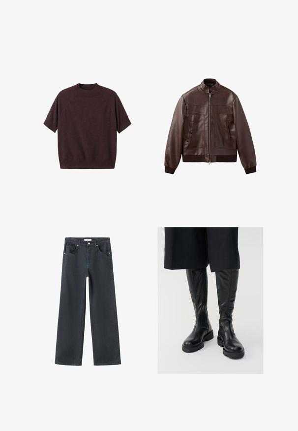 Mørkebrun læderbomberjakke med ribstrikkede manchetter og kant, lynlås foran og to lodrette lynlåslommer.; Kortærmet sweater i mørk burgundy strik. Har en ribbet rund hals og en afslappet pasform, med raglanærmer og en glat tekstur.; Mørkeblå vidde cowboybukser med høj talje, fem-lomme design, sølvfarvede metaldele og syningsdetaljer. Glat tekstur, rene linjer.; Sorte læder knæhøje støvler med en glat tekstur, kraftige såler og side-lynlåse. Designet har diskrete sømdetaljer.