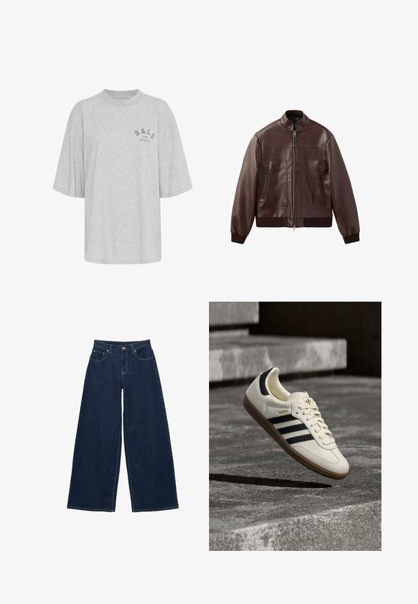 Mørkebrun læderbomberjakke med ribstrikkede manchetter og kant, lynlås foran og to lodrette lynlåslommer.; Grå oversized t-shirt lavet af bomuld, med rund hals, korte ærmer og et trykt logo i marineblå, der læser "BALL THE JEANS".; Mørkeblå vidde-jeans i denim med forlommer, bæltestropper og knaplukning i taljen, vist fladt mod en hvid baggrund.; Hvid Adidas Samba sneaker med sorte striber og gummsål, svævende over teksturerede grå betonstrin.