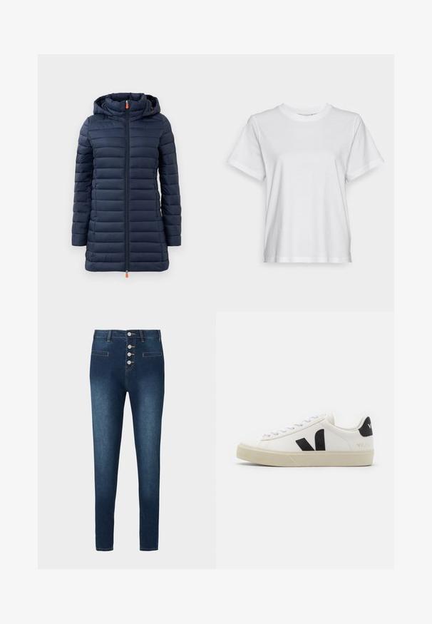 Veste matelassée bleu marine avec capuche, présentant des sections matelassées horizontales, une fermeture éclair intégrale et un tirette de fermeture éclair orange. Texture lisse, design léger.; T-shirt en coton blanc à manches courtes, col rond et coupe décontractée. Texture lisse, sans motifs ni graphiques, design basique.; Jean en denim bleu foncé avec une taille haute, une fermeture à cinq boutons et deux poches avant. Texture lisse avec des détails de couture contrastants.; Baskets en cuir blanc avec un logo V en caoutchouc noir. Semelle texturée blanc cassé, lacets blancs et détail sur le talon arrière portant le nom de la marque en noir.