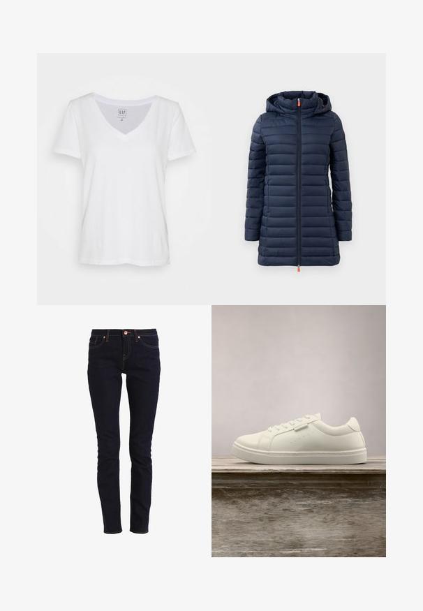 Veste matelassée bleu marine avec capuche, présentant des sections matelassées horizontales, une fermeture éclair intégrale et un tirette de fermeture éclair orange. Texture lisse, design léger.; T-shirt en coton blanc à col en V, à manches courtes, avec une coupe décontractée et une étiquette près de l'encolure. Texture lisse, sans motifs ni accents.; Jeans en denim bleu foncé présentant une coupe slim, un design à cinq poches, des coutures orange et une fermeture à bouton sur le devant.; Baskets en cuir blanc avec des lacets flottant au-dessus d'un banc en bois, herbe verte haute floue en arrière-plan à l'extérieur.