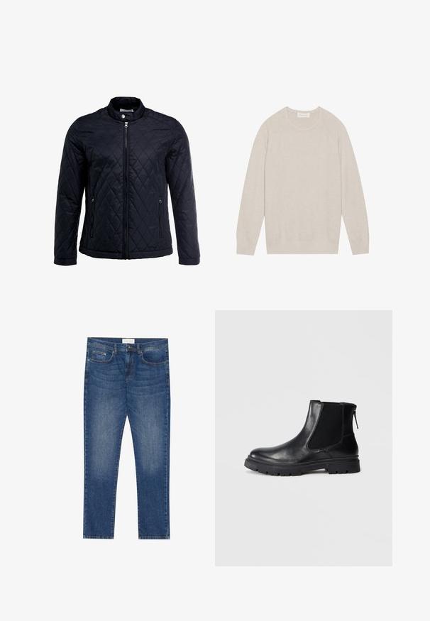 Sort quiltet jakke med ståkrave, fuld frontlynlås og to sidelommer. Fremstillet af glat, letvægtsstof med et diamantmønster.; Lys beige pullover sweater, strikket tekstur, ribbede manchetter og kant, klassisk rund hals, raglanærmer, ensfarvet design uden mønstre.; Herre blå denim jeans med lige pasform, fem lommer, let falmning og standard knap- og lynlås lukning.; Sort læderankelstøvle med en glat overflade, elastiske mesh-sider og en robust sål med synligt mønster.