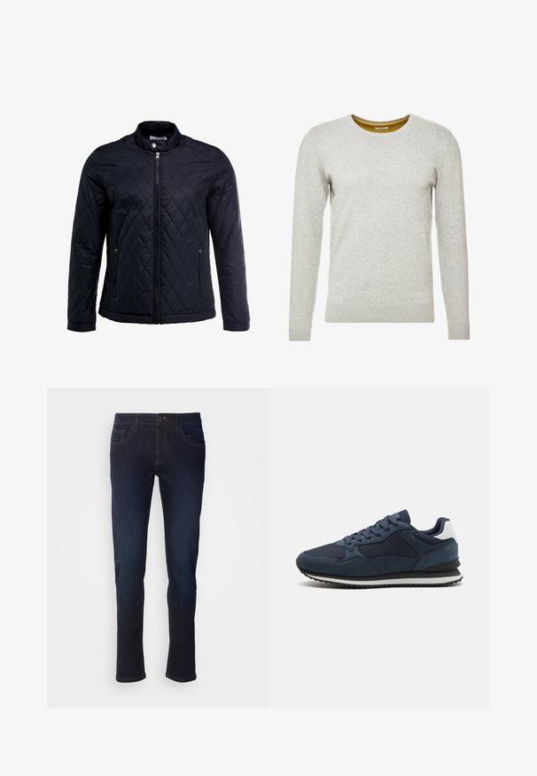 Schwarze gesteppte Jacke mit Stehkragen, durchgehendem Reißverschluss und zwei Seitentaschen. Hergestellt aus glattem, leichtem Stoff mit einem Diamantmuster.; TOM TAILOR CREW NECK - Strickpullover - light soft grey melange; Dunkelblaue Jeans aus Denim mit geradem Bein, ausgestattet mit Fronttaschen, einem Reißverschluss und dezenten Nähdetails.; Marineblaue Sneakers aus einer Kombination von Wildleder und Mesh-Materialien, mit flachen Schnürsenkeln, einem weißen Absatzakzent und einer strukturierten schwarzen Gummisohle.