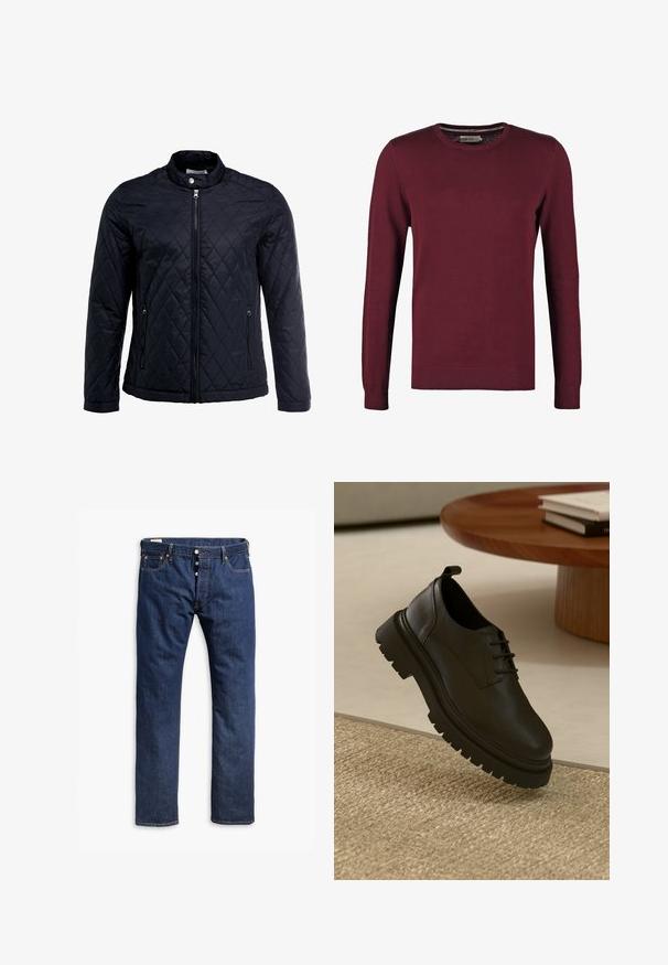 Sort quiltet jakke med ståkrave, fuld frontlynlås og to sidelommer. Fremstillet af glat, letvægtsstof med et diamantmønster.; Bordeaux crewneck sweater lavet af glat stof, med lange ærmer og ribbet manchetter og kant for ekstra tekstur.; Mørkeblå denim jeans med lige ben, kontrastsyninger, knappelukning og fem lomme-stil.; Sort lædersko med en tekstureret overflade, rund tå, snørelukning og en kraftig sort gummisål. Svævende over et vævet tæppe.