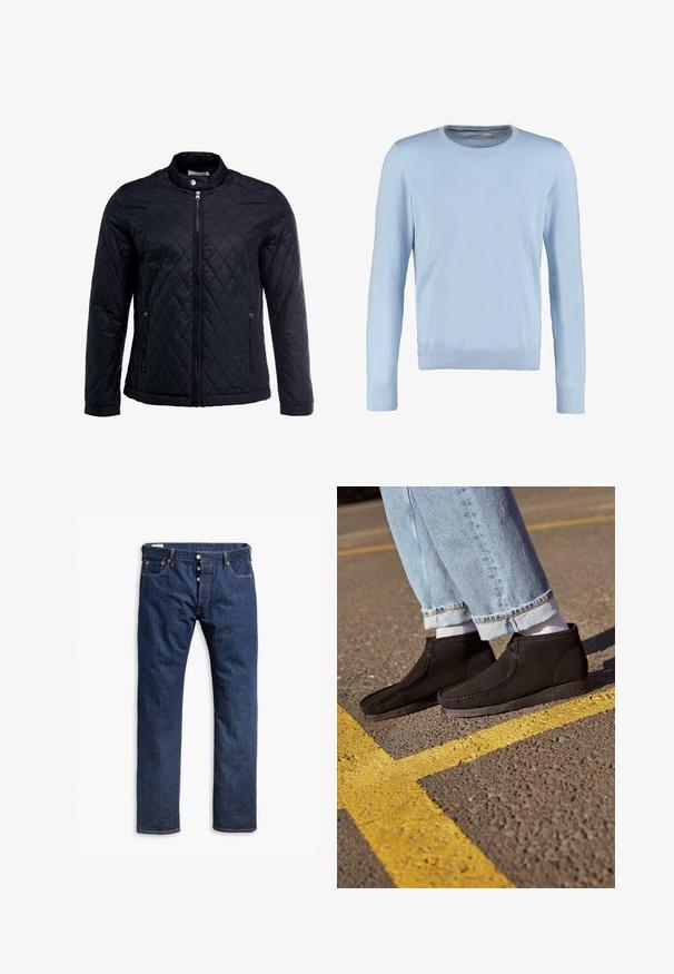 Sort quiltet jakke med ståkrave, fuld frontlynlås og to sidelommer. Fremstillet af glat, letvægtsstof med et diamantmønster.; Lyseblå langærmet sweater med rund halsudskæring. Har en glat tekstur og ribbede manchetter og kant. Klassisk, tætsiddende design.; Mørkeblå denim jeans med lige ben, kontrastsyninger, knappelukning og fem lomme-stil.; Sorte suede ankelstøvler med en glat overflade, buet tå og syede detaljer. Kombination med lyseblå buksere jeans med opfoldede manchetter og hvide sokker.