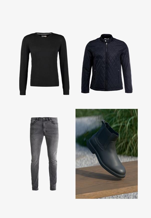 Veste noire matelassée avec col montant, fermeture éclair sur toute la longueur et deux poches latérales. Fabriquée en tissu lisse et léger avec un motif en losanges.; Pull noir, ajusté, à col en V avec des manches longues. Fabriqué en tissu tricot doux, avec des bords côtes aux poignets et à la taille. Design minimaliste.; Jeans en denim gris slim-fit avec une légère élasticité. Comprend cinq poches, une fermeture éclair et un bouton métallique contrastant. Texture délavée.; Bottine en cuir noir avec des panneaux latéraux élastiques, des accents texturés et une semelle en caoutchouc ; l'affichage comprend une surface en bois et de la verdure.