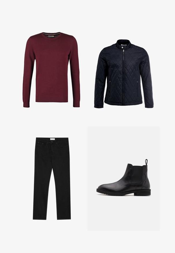 Veste noire matelassée avec col montant, fermeture éclair sur toute la longueur et deux poches latérales. Fabriquée en tissu lisse et léger avec un motif en losanges.; Pull en jersey bordeaux avec un col rond, fabriqué en tissu lisse, doté de manches longues et de poignets et ourlet côtelés pour une texture supplémentaire.; Jean droit noir avec un design à cinq poches, fermeture à bouton et zip, et une étiquette de marque Pier One sur la taille.; Bottines Chelsea en cuir noir avec des panneaux latéraux élastiques, bout arrondi et un petit talon bloc. Dispose d'une languette à l'arrière pour un enfilage facile.