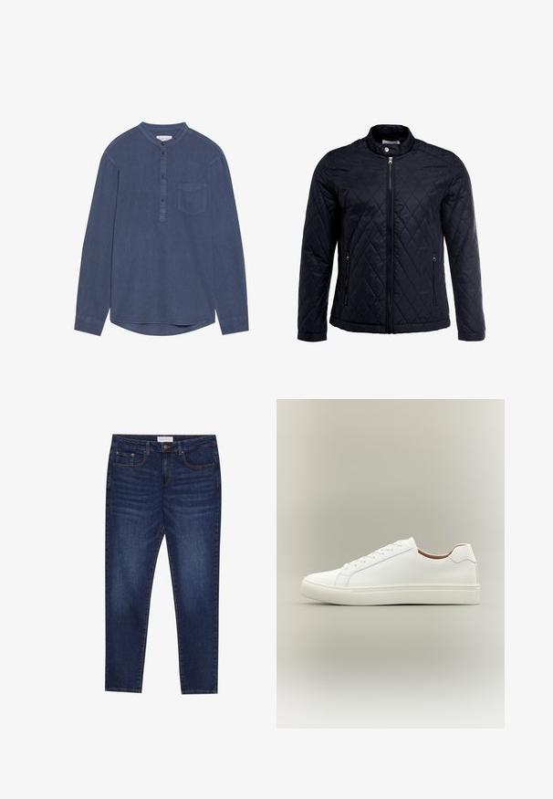 Veste noire matelassée avec col montant, fermeture éclair sur toute la longueur et deux poches latérales. Fabriquée en tissu lisse et léger avec un motif en losanges.; Chemise à manches longues, bleu foncé, en tissu doux, dotée d'un col mandarin, d'une patte de boutonnage et d'une poche poitrine unique.; Jean slim-fit bleu foncé avec cinq poches, fermeture à bouton et couture contrastante, étiqueté Pier One à la taille.; Baskets blanches basses avec fermeture à lacets et semelle plate, vues de côté sur un fond neutre.