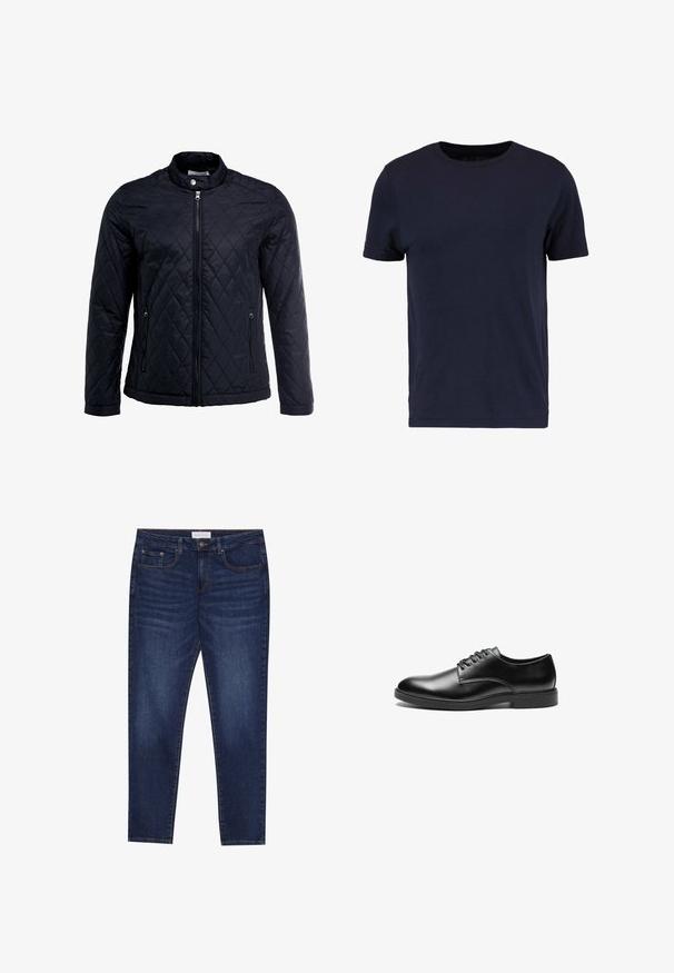 Zwarte gevoerde jas met een opstaande kraag, volledige ritssluiting aan de voorkant en twee zijzakken. Gemaakt van gladde, lichte stof met een ruitpatroon.; Pier One by Zalando T-shirt basic - dark blue; Donkerblauwe slim-fit jeans met vijf zakken, knoopsluiting en contrasterende stiksels, gelabeld Pier One op de tailleband.; Zwarte leren dresschoenen met een gladde afwerking, ronde neus, een vetersluiting met zes oogjes en een platte rubberen zool.
