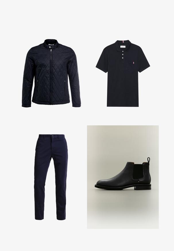 Schwarze gesteppte Jacke mit Stehkragen, durchgehendem Reißverschluss und zwei Seitentaschen. Hergestellt aus glattem, leichtem Stoff mit einem Diamantmuster.; Schwarzes Poloshirt aus strukturiertem Stoff, mit einem Dreiknopfverschluss, kurzen Ärmeln und einer kleinen Tasche mit roten, weißen und blauen Akzenten.; Marineblaue Chinohosen aus einem Baumwollmischgewebe, mit geradem Bein, Fronttaschen, einem Reißverschluss sowie einem einzelnen Knopfverschluss am Bund.; Schwarzer Chelsea-Knöchelboot aus Leder mit elastischen Seitenteilen und Lasche auf einem hellgrauen Hintergrund.