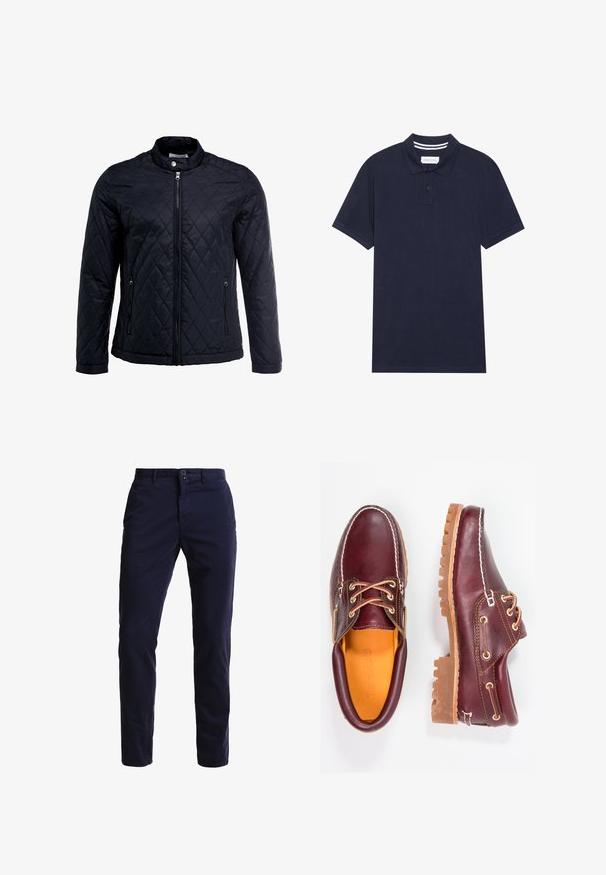 Sort quiltet jakke med ståkrave, fuld frontlynlås og to sidelommer. Fremstillet af glat, letvægtsstof med et diamantmønster.; Marineblå polo t-shirt lavet af tekstureret stof, med en tre-knaps knaplukning, korte ærmer og en stribet krave.; Navyblå chinos lavet af en bomuldsblanding, med en lige ben-design, foran lommer, en lynlås lukning og en enkelt knap i taljen.; Bordeaux lædersko med brune gummisåler, rund tå, hvid syning og gyldne snøringer. Indersiden har et gult for.