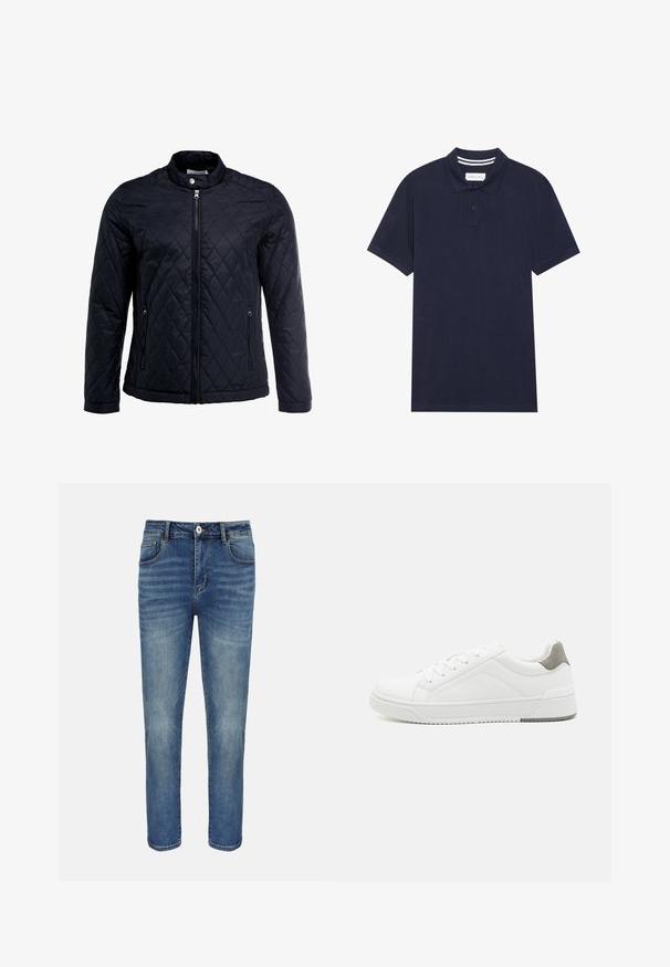 Zwarte gevoerde jas met een opstaande kraag, volledige ritssluiting aan de voorkant en twee zijzakken. Gemaakt van gladde, lichte stof met een ruitpatroon.; Marineblauwe polo shirt van gestructureerde stof, met een knoopsluiting met drie knopen, korte mouwen en een gestreepte kraag.; Blauwe straight-leg spijkerbroek met knoop- en ritssluiting aan de voorkant, riemlussen en voor- en achterzakken.; Witte sneaker van glad leer met een ronde neus, minimalistisch ontwerp, grijze hielaccent en een geplaatste rubberen zool.