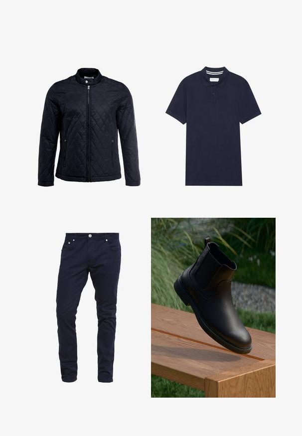 Veste noire matelassée avec col montant, fermeture éclair sur toute la longueur et deux poches latérales. Fabriquée en tissu lisse et léger avec un motif en losanges.; Polo bleu marine en tissu texturé, doté d'une patte de boutonnage à trois boutons, de manches courtes et de détails de col rayés.; Pantalons slim-fit bleu marine en tissu mélangé coton, dotés d'une fermeture à bouton, de cinq poches et de détails de couture subtils.; Bottine en cuir noir avec panneaux latéraux élastiques, bout rond et semelle extérieure en caoutchouc texturée, flottant au-dessus d'une table en bois.