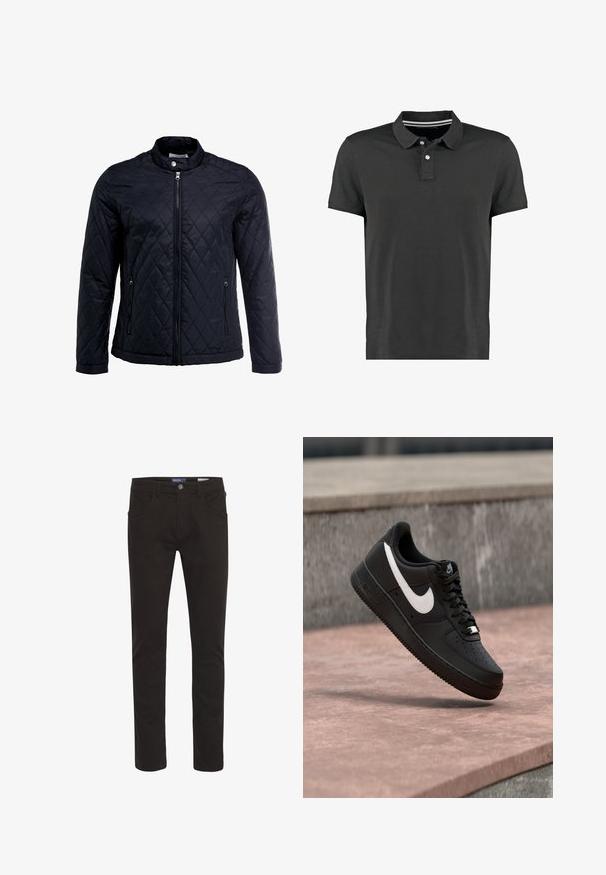 Veste noire matelassée avec col montant, fermeture éclair sur toute la longueur et deux poches latérales. Fabriquée en tissu lisse et léger avec un motif en losanges.; Polo noir en coton, doté d'un col classique, de trois boutons et d'un subtil détail rayé au niveau du cou. Manches courtes.; Pantalons en mélange de coton noir, coupe slim, avec une fermeture à bouton, cinq poches, et une texture lisse. Présente des détails de couture classiques.; Basket Nike Air Force 1 noire avec logo swoosh blanc flottant au-dessus d'une surface en pierre et d'un mur texturé gris en arrière-plan.
