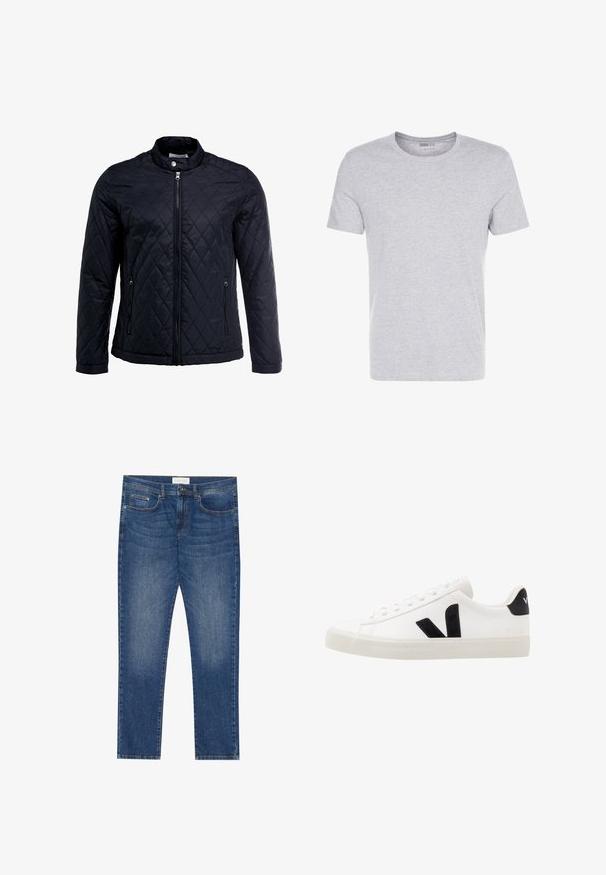 Sort quiltet jakke med ståkrave, fuld frontlynlås og to sidelommer. Fremstillet af glat, letvægtsstof med et diamantmønster.; Grå bomulds T-shirt med rund hals, korte ærmer og et enkelt design, som har en blød, glat tekstur uden synlige mønstre eller udsmykninger.; Herre blå denim jeans med lige pasform, fem lommer, let falmning og standard knap- og lynlås lukning.; Hvide lædersneakers med sorte ruskindsdetaljer; har en gummisål, rund tå og klassisk snørebåndsdesign. Side logo i sort.