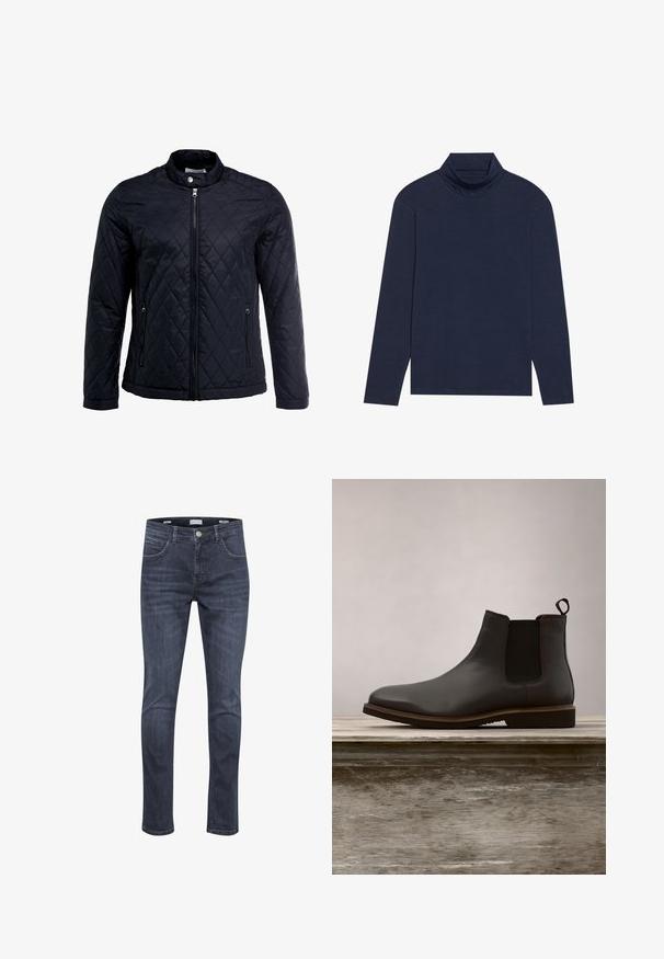 Schwarze gesteppte Jacke mit Stehkragen, durchgehendem Reißverschluss und zwei Seitentaschen. Hergestellt aus glattem, leichtem Stoff mit einem Diamantmuster.; Navyblauer Langarm-Turtleneck aus weichem, dehnbarem Stoff mit einer enganliegenden Passform, hoher Kragen und ohne sichtbare Muster oder Beschläge.; Dunkelblaue Denim-Jeans mit schlankem Schnitt, ausgestattet mit fünf Taschen, hellen Nähten und einem klassischen Reißverschluss mit Knopfverschluss.; Schwarze Leder Chelsea-Stiefel mit elastischen Seiteneinsätzen und runder Zehenform, ausgestattet mit einer strukturierten Sohle und subtilen Steppnähten, erhöht über einer Holzoberfläche.