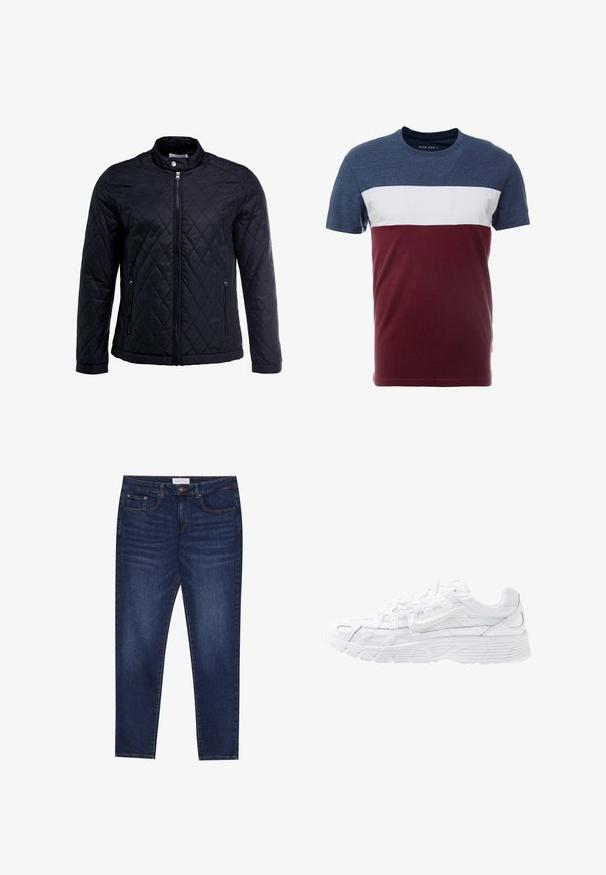 Sort quiltet jakke med ståkrave, fuld frontlynlås og to sidelommer. Fremstillet af glat, letvægtsstof med et diamantmønster.; Herret-shirt lavet af bomuld, med rund halsudskæring, korte ærmer og horisontale farveblokke i marineblå, hvid og bordeaux.; Mørkeblå slim-fit jeans med fem lommer, knaplukning og kontrastsying, mærket Pier One på livlinen.; Nike Sportswear P 6000 UNISEX - Sneakers - white/platinum tint