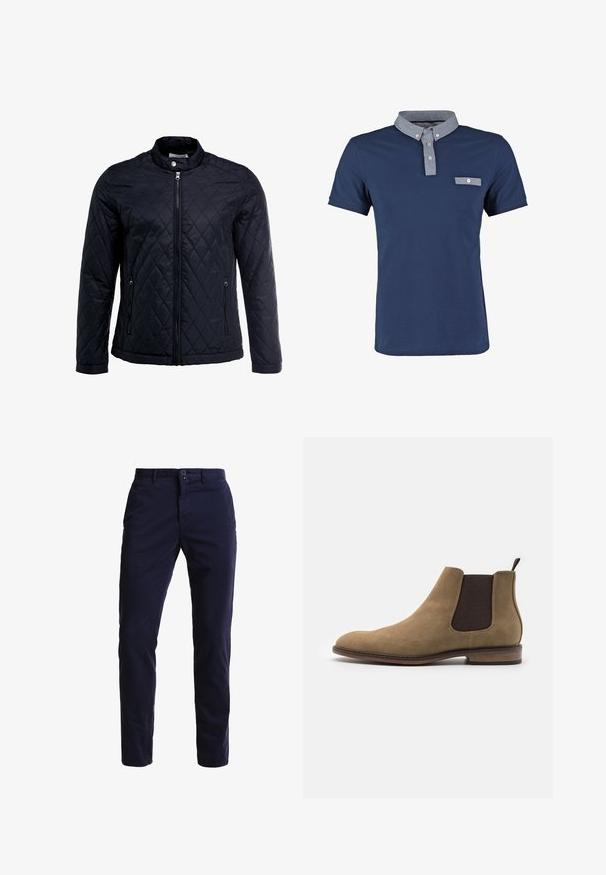 Schwarze gesteppte Jacke mit Stehkragen, durchgehendem Reißverschluss und zwei Seitentaschen. Hergestellt aus glattem, leichtem Stoff mit einem Diamantmuster.; Marineblaues Polohemd aus Baumwolle mit einem kontrastierenden Chambray-Kragen, einer kleinen Brusttasche und kurzen Ärmeln. Klassische Passform und glatte Textur.; Marineblaue Chinohosen aus einem Baumwollmischgewebe, mit geradem Bein, Fronttaschen, einem Reißverschluss sowie einem einzelnen Knopfverschluss am Bund.; Pier One Stiefelette - beige