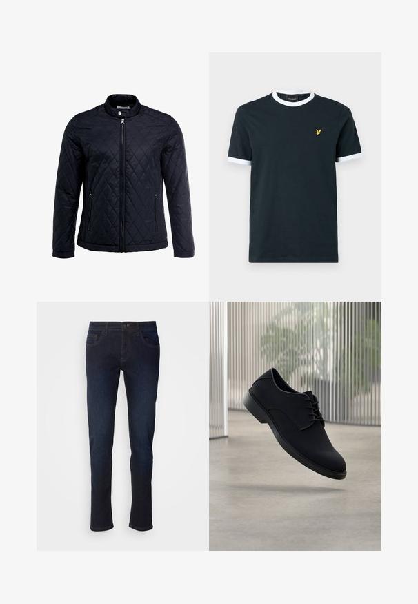 Sort quiltet jakke med ståkrave, fuld frontlynlås og to sidelommer. Fremstillet af glat, letvægtsstof med et diamantmønster.; Marineblå bomulds T-shirt med hvid ribkant ved kraven og ærmekanterne. Udstyret med et lille gult broderet logo på venstre bryst.; Mørkeblå denim jeans med lige ben, som har forlommer, lynlås og subtile syninger.; Sort formel sko lavet af glat materiale, med rundet tå, snørebånd og robust sort sål, vist i luften.