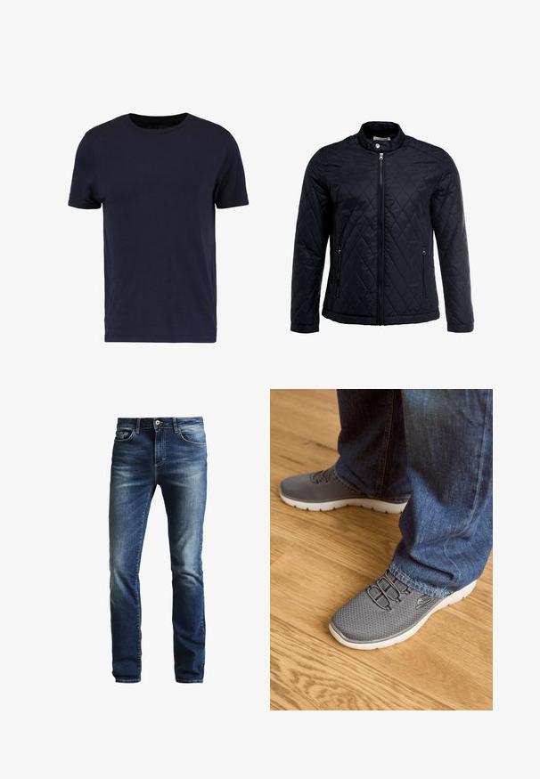 Veste noire matelassée avec col montant, fermeture éclair sur toute la longueur et deux poches latérales. Fabriquée en tissu lisse et léger avec un motif en losanges.; Pier One by Zalando T-shirt basique - dark blue; Jeans en denim bleu foncé avec un lavage délavé, coupe droite, design à cinq poches et fermeture à bouton argenté. Présente des coutures contrastées.; Des chaussures de sport grises avec une tige en maille, une semelle blanche et des lacets élastiques. Associées à un jean en denim bleu, sur un sol en bois.