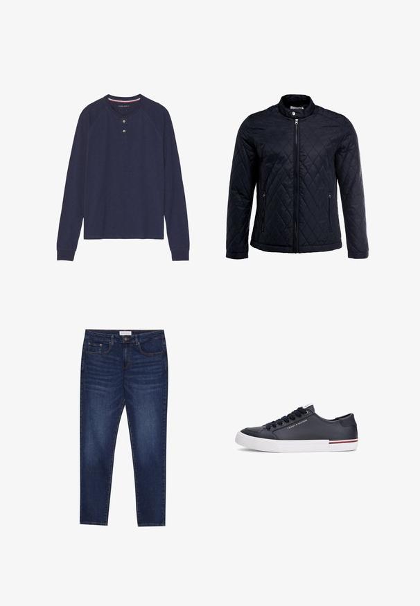 Chaqueta negra acolchada con cuello alto, cierre frontal completo y dos bolsillos laterales. Fabricada en una tela suave y liviana con un patrón de diamantes.; Camiseta henley de manga larga azul marino con escote redondeado, tapeta con dos botones y puños acanalados. Textura suave, diseño casual.; Jeans ajustados de color azul oscuro con cinco bolsillos, cierre de botones y costuras de contraste, etiquetados como Pier One en la cinturilla.; Zapatillas de cuero azul marino con suela de goma blanca, punta redonda y cierre con cordones. Cuenta con un logo y acentos en rojo y blanco en el talón.