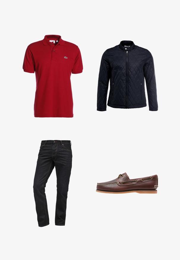 Veste noire matelassée avec col montant, fermeture éclair sur toute la longueur et deux poches latérales. Fabriquée en tissu lisse et léger avec un motif en losanges.; Polo shirt rouge en coton, avec un col classique, des manches courtes, une patte de boutonnage à deux boutons, et un petit logo vert brodé sur la poitrine.; Jean en denim foncé avec une coupe droite, présentant des coutures contrastées, des poches standard et une fermeture éclair avec un bouton.; Chaussure bateau en cuir marron avec coutures blanches, détails de lacets et semelle en caoutchouc beige, vue de côté sur fond blanc.
